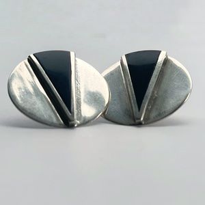 Vintage Sterling Silver Onyx Geometric Earrings Signed
